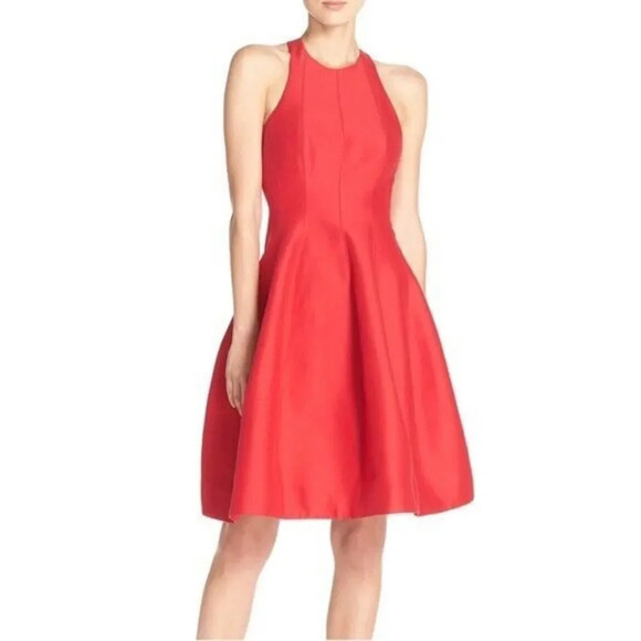 Halston Heritage Red Cotton & Silk Fit & Flare Holiday Dress 2 - Picture 1 of 12